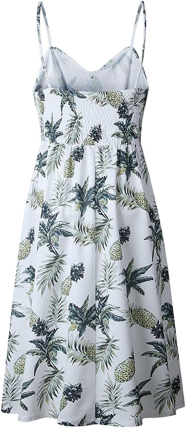 Halife Womens Summer Dresses Casual Spaghetti Strap Floral Button Down Swing Midi Dress with Pockets