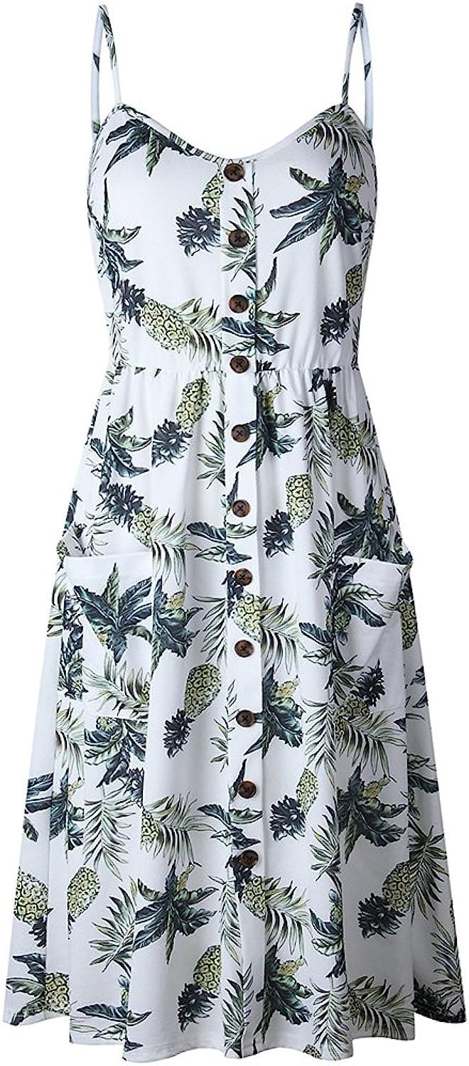 Halife Womens Summer Dresses Casual Spaghetti Strap Floral Button Down Swing Midi Dress with Pockets