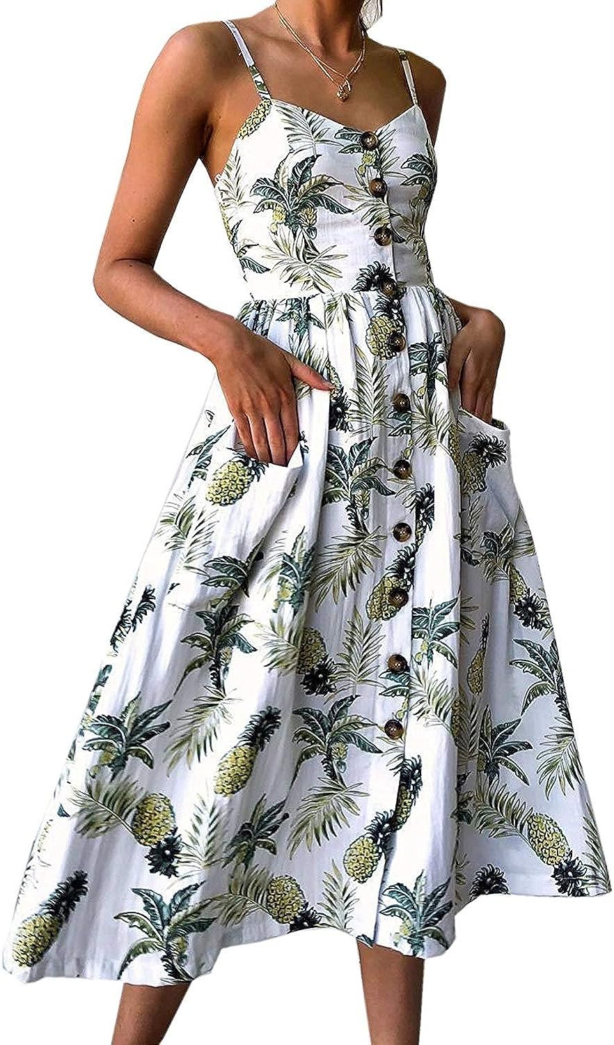 Halife Womens Summer Dresses Casual Spaghetti Strap Floral Button Down Swing Midi Dress with Pockets