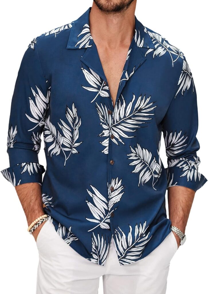 COOFANDY Mens Hawaiian Shirts Casual Button Down Floral Shirt Cuban Collar Long Sleeve Tropical Beach Shirts