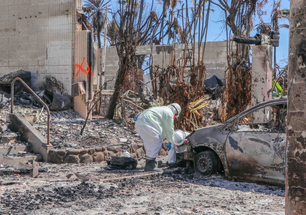 EPA workers finding many batteries during  hazardous material cleanup of Lahaina burned area