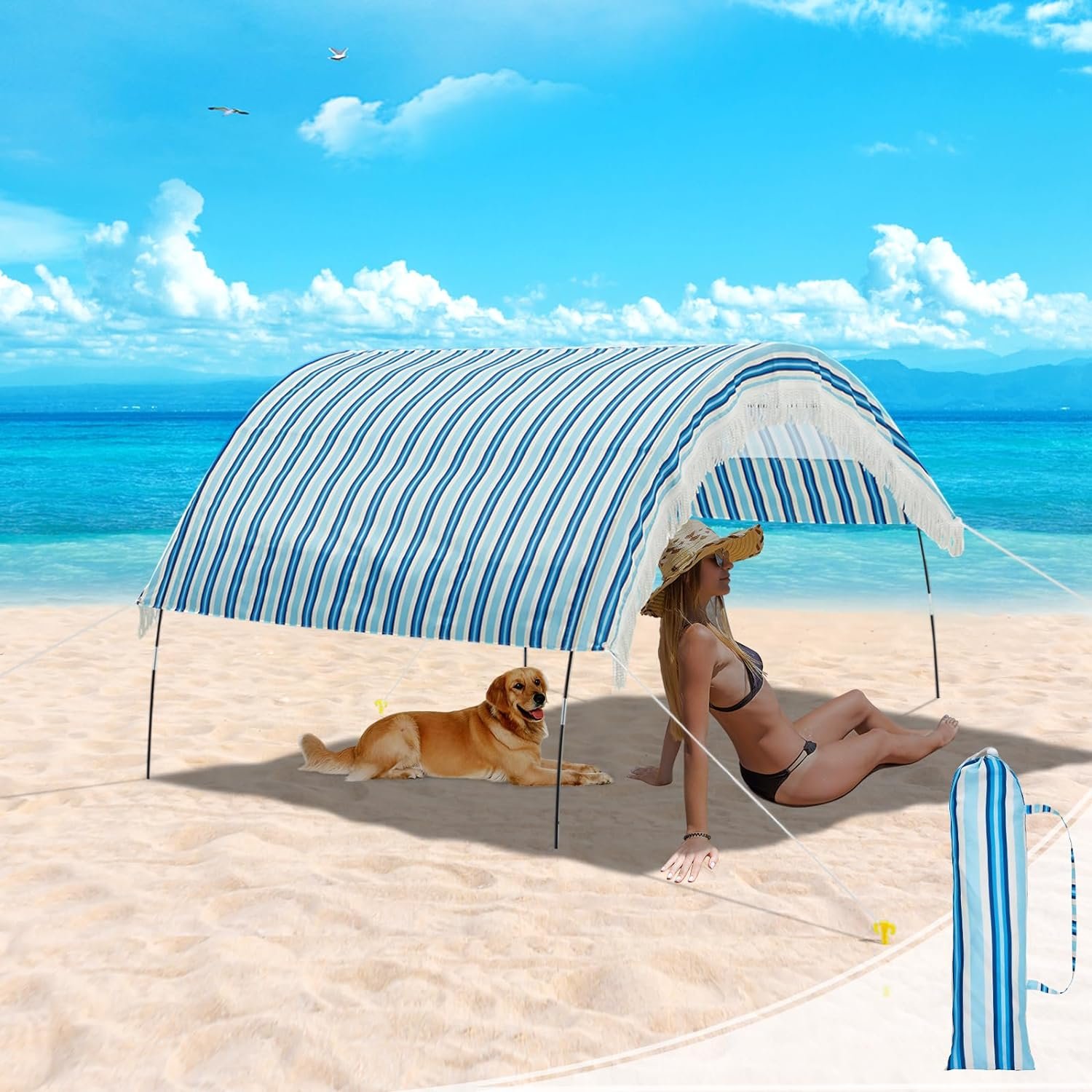 Magiea Beach Sun Shade Canopy UV50+, Beach Tent Pop Up Shade with Portable Bag, Ground Pegs, Stability Poles, 5&Atilde;&mdash;7FT Beach Shade Canopy Wind Sail Waterproof Beach Tent Sun Shelter Set up in 5 Minutes