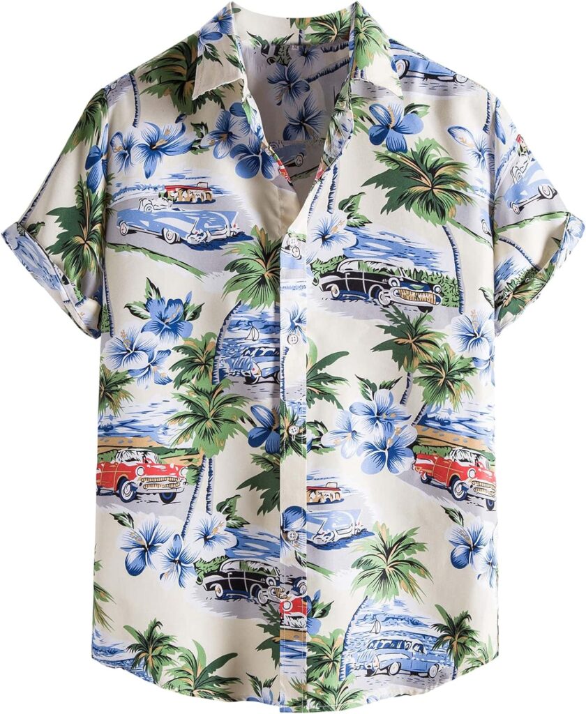 Mens Casual Tropical Print Button Down Short Sleeve Hawaiian Shirt