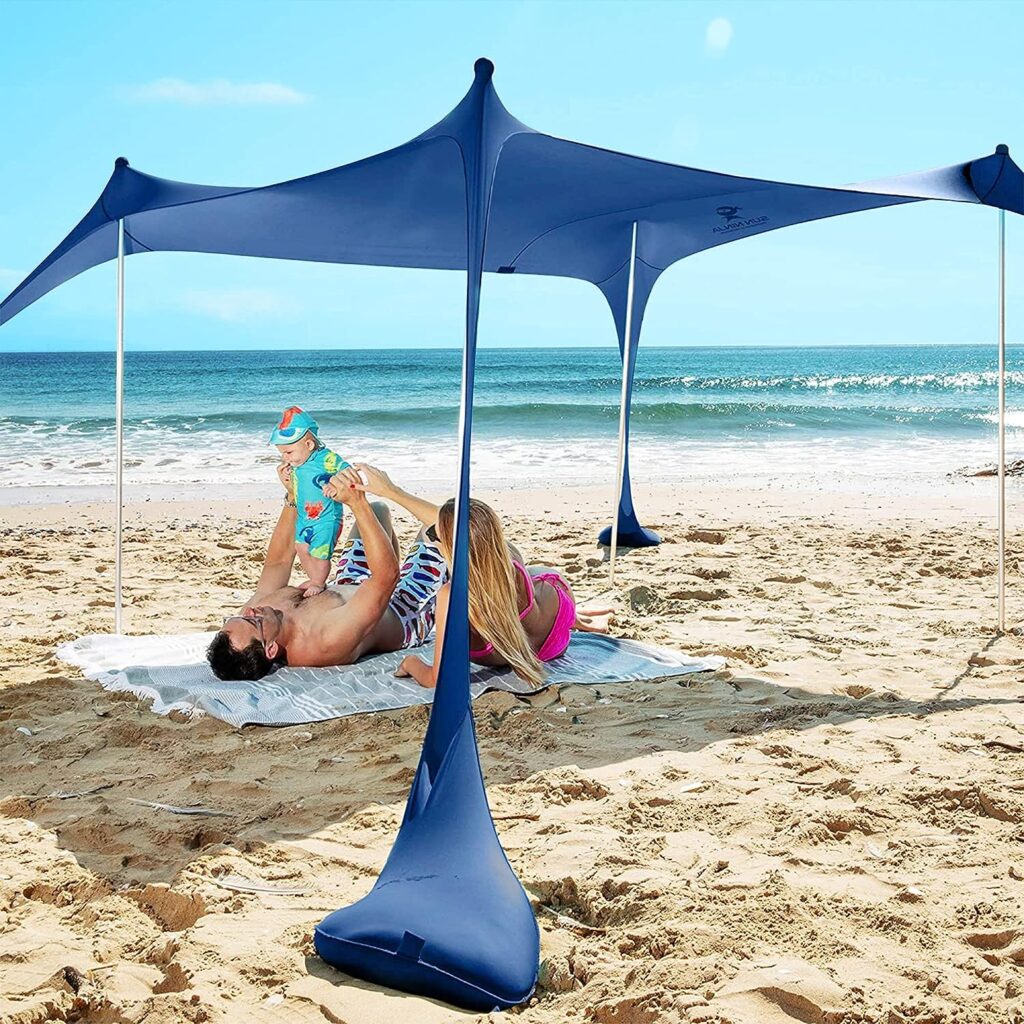 SUN NINJA Beach Tent Sun Shelter with UPF50+ Protection, Includes Sand Shovel, Ground Pegs and Stability Poles, Outdoor Pop Up Beach Shade Canopy for Camping, Fishing, Backyard Fun or Picnics