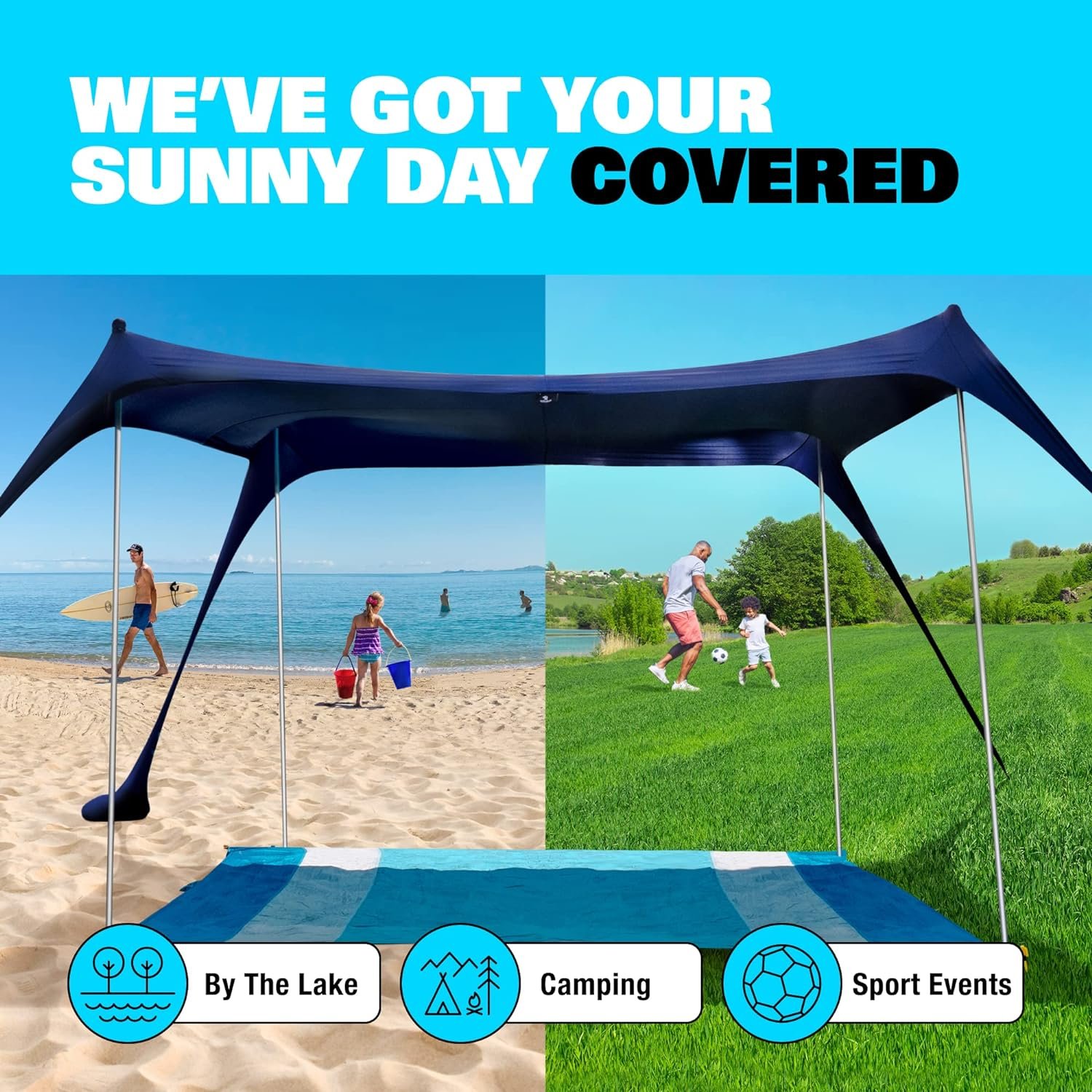 SUN NINJA Beach Tent Sun Shelter with UPF50+ Protection, Includes Sand Shovel, Ground Pegs and Stability Poles, Outdoor Pop Up Beach Shade Canopy for Camping, Fishing, Backyard Fun or Picnics