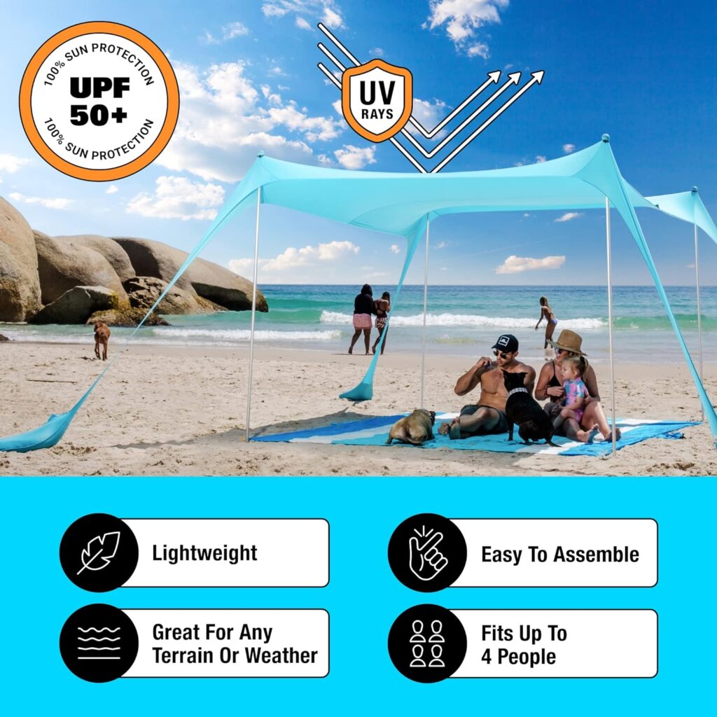 SUN NINJA Beach Tent Sun Shelter with UPF50+ Protection, Includes Sand Shovel, Ground Pegs and Stability Poles, Outdoor Pop Up Beach Shade Canopy for Camping, Fishing, Backyard Fun or Picnics