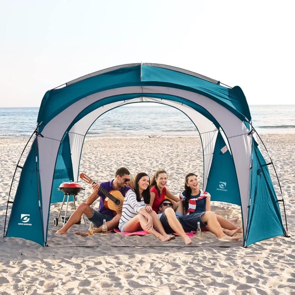 UNICAMPER Beach Tent 12 X 12ft Large UPF50+ Pop Up Canopy with 2-Pcs Side Wall, Sun Shelter Rainproof, Waterproof for Camping Trips, Backyard Fun, Fishing, Parties, Or Picnics(Ocean Blue)