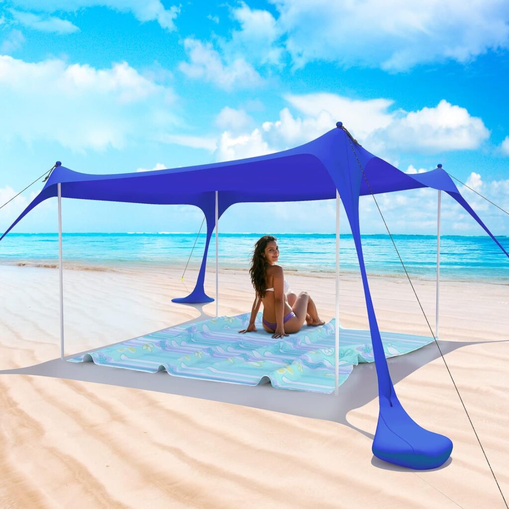 Zeepair Beach Tent Pop Up Shade Canopy Sun Shelter UPF50+ with 2 Stability Poles/Carry Bag/Ground Pegs/Sand Shovel/Windproof Ropes Portable Outdoor Family Sunshade for Beach Camping (Navy Blue, 7×7FT)