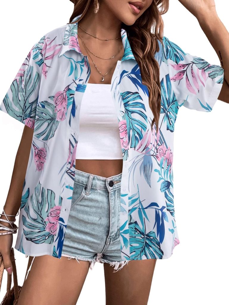 ASTANFY Women Hawaiian Shirts Women Hawaii Tropical Floral Printed Shirt Tropical Cool Button Down Tshirt Summer Beach Blouse