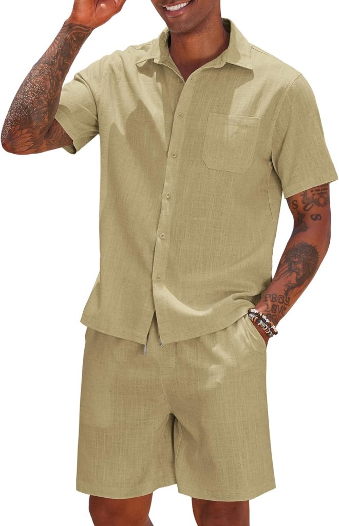 COOFANDY Men 2 Piece Linen Set Casual Short Sleeve Shirt and Short Beach Set