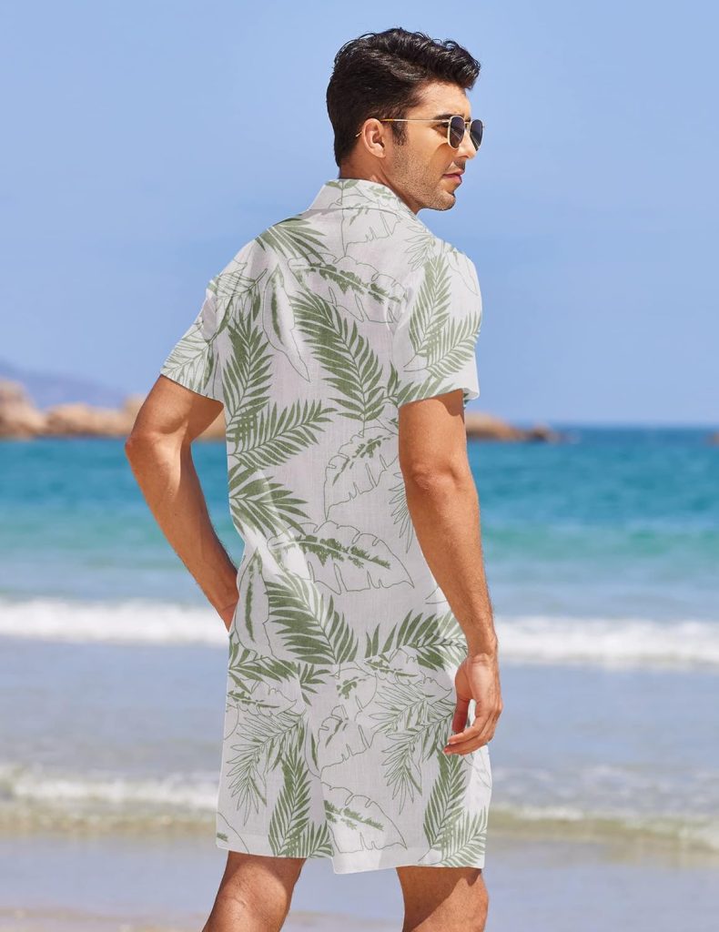 COOFANDY Men 2 Piece Linen Set Casual Short Sleeve Shirt and Short Beach Set