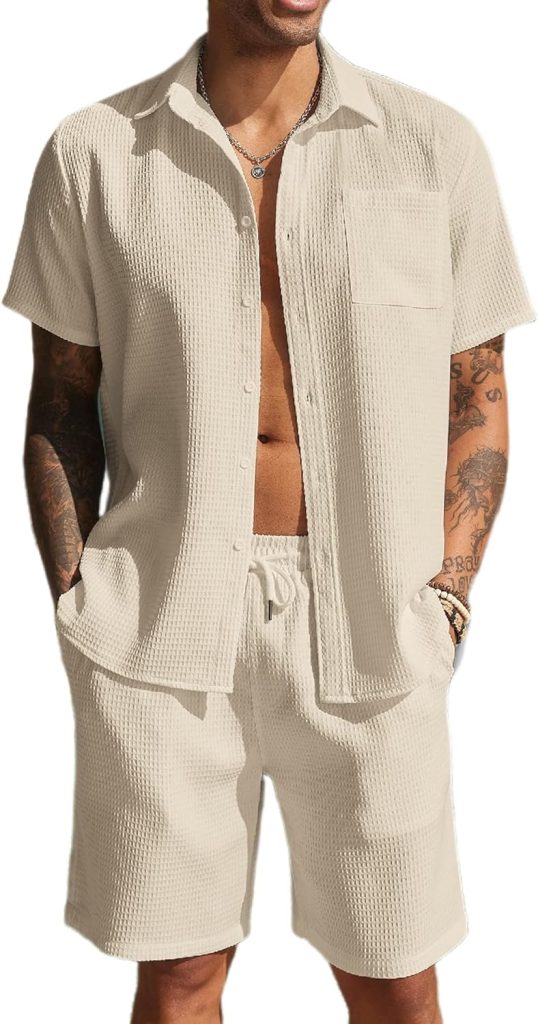 COOFANDY Men 2 Piece Short Sets Outfits Beach Button Down Short Sleeve Shirt and Short Sets