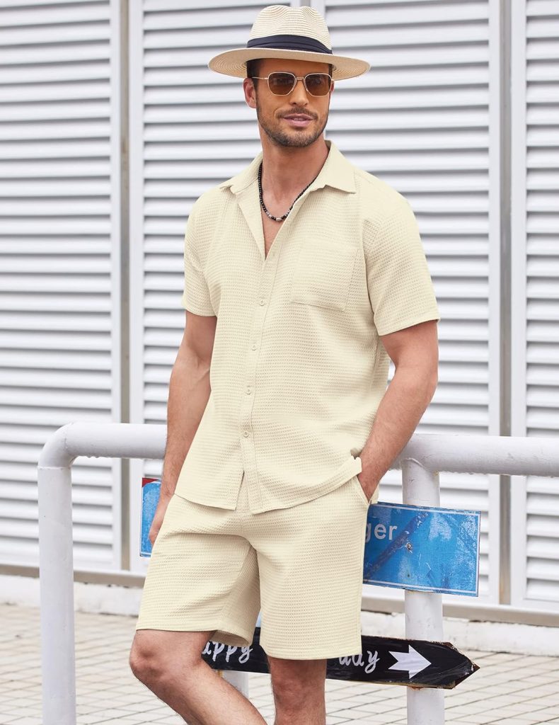 COOFANDY Men 2 Piece Short Sets Outfits Beach Button Down Short Sleeve Shirt and Short Sets