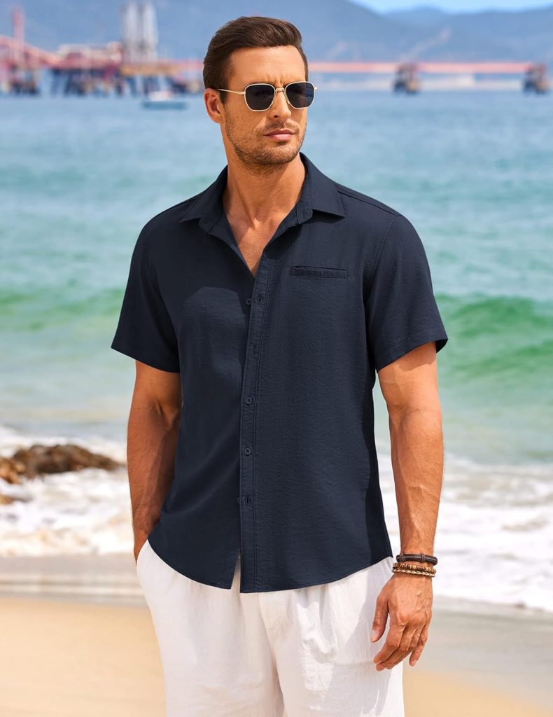 COOFANDY Mens Casual Linen Shirt Short Sleeve Button Down Shirt Summer Beach Hawaiian Shirts