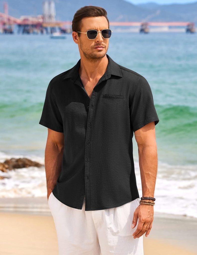 COOFANDY Mens Casual Linen Shirt Short Sleeve Button Down Shirt Summer Beach Hawaiian Shirts