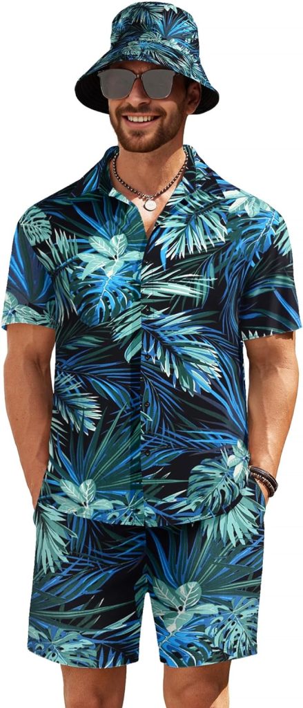 COOFANDY Mens Hawaiian Shirt and Short Set Flower 2-pieces Beach Outfit with Bucket Hats