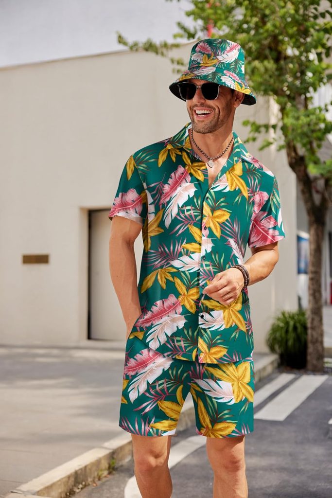 COOFANDY Mens Hawaiian Shirt and Short Set Flower 2-pieces Beach Outfit with Bucket Hats