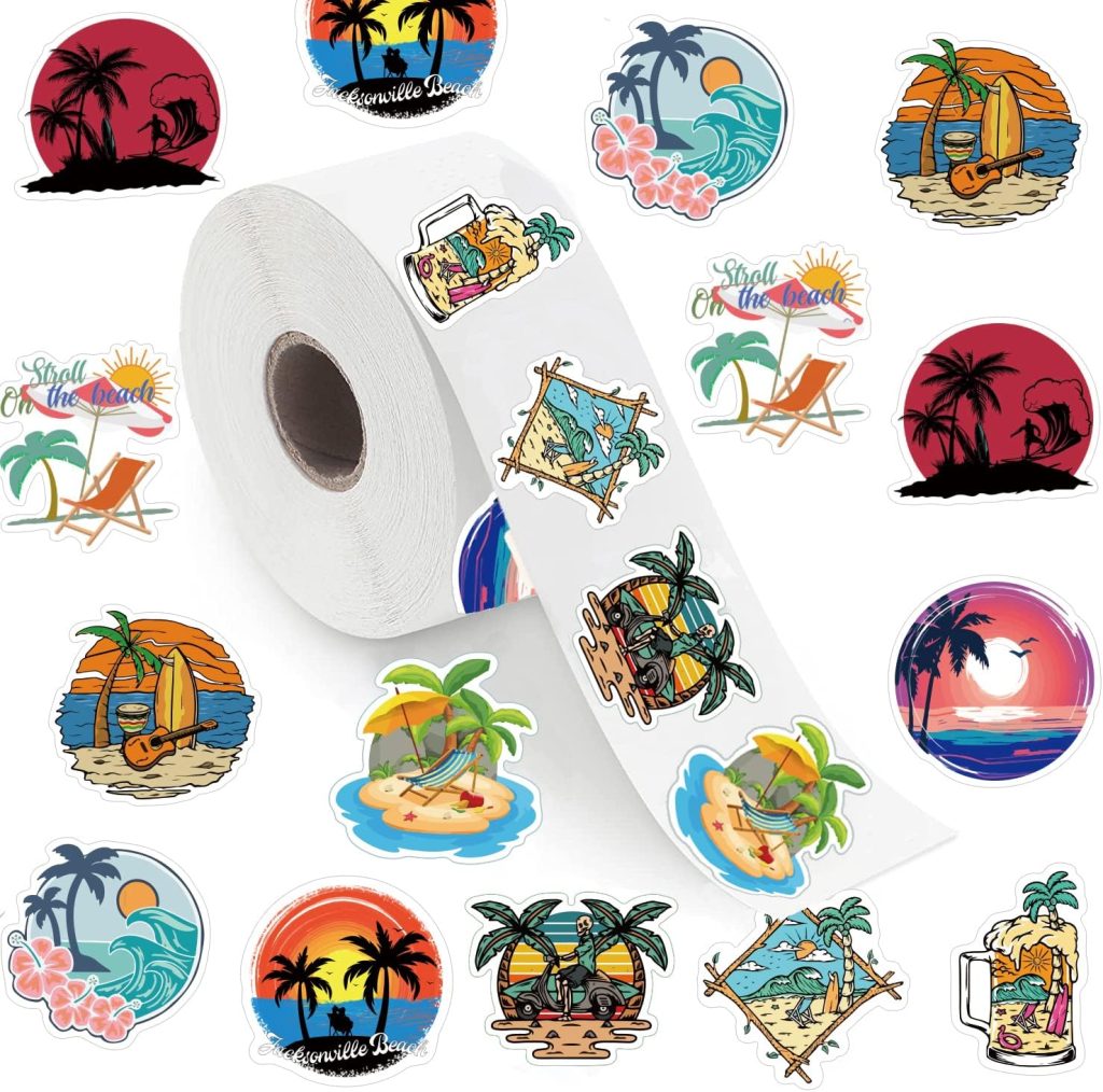 Hawaii Stickers (500 PCS), 10 Graphic Aesthetics Beach Vacation Decal Rolls Self-Adhesive Seals for Kids Girls Boys Teens for Birthday Party Decoration for Water Bottle Laptop Scrapbook Card Envelope