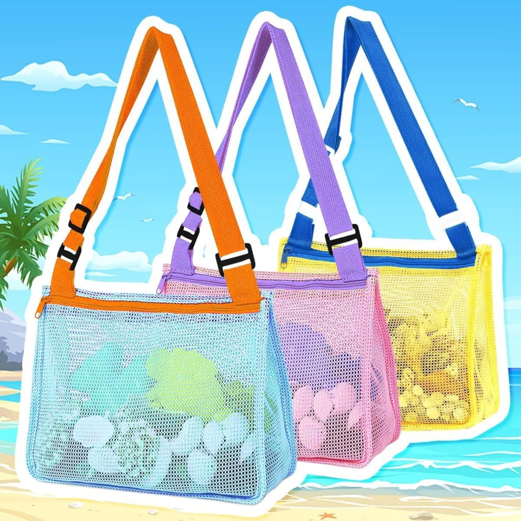 Mesh Bag for Holding Beach Shell,3 Pack Beach Sand Toy Totes for Holding Shells,Beach Toys Sand Toys Swimming Accessories for Boys and Girls(Pink/Blue/Yellow)