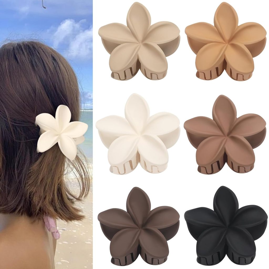 Sisiaipu Flower Hair Claw Clips 6 Pcs Large Claw Clips for Thick Hair Hawaiian Flower Hair Clips Plumeria Claw Clips for Thin Hair Beach Hair Accessories for Women and Girls -Khaki