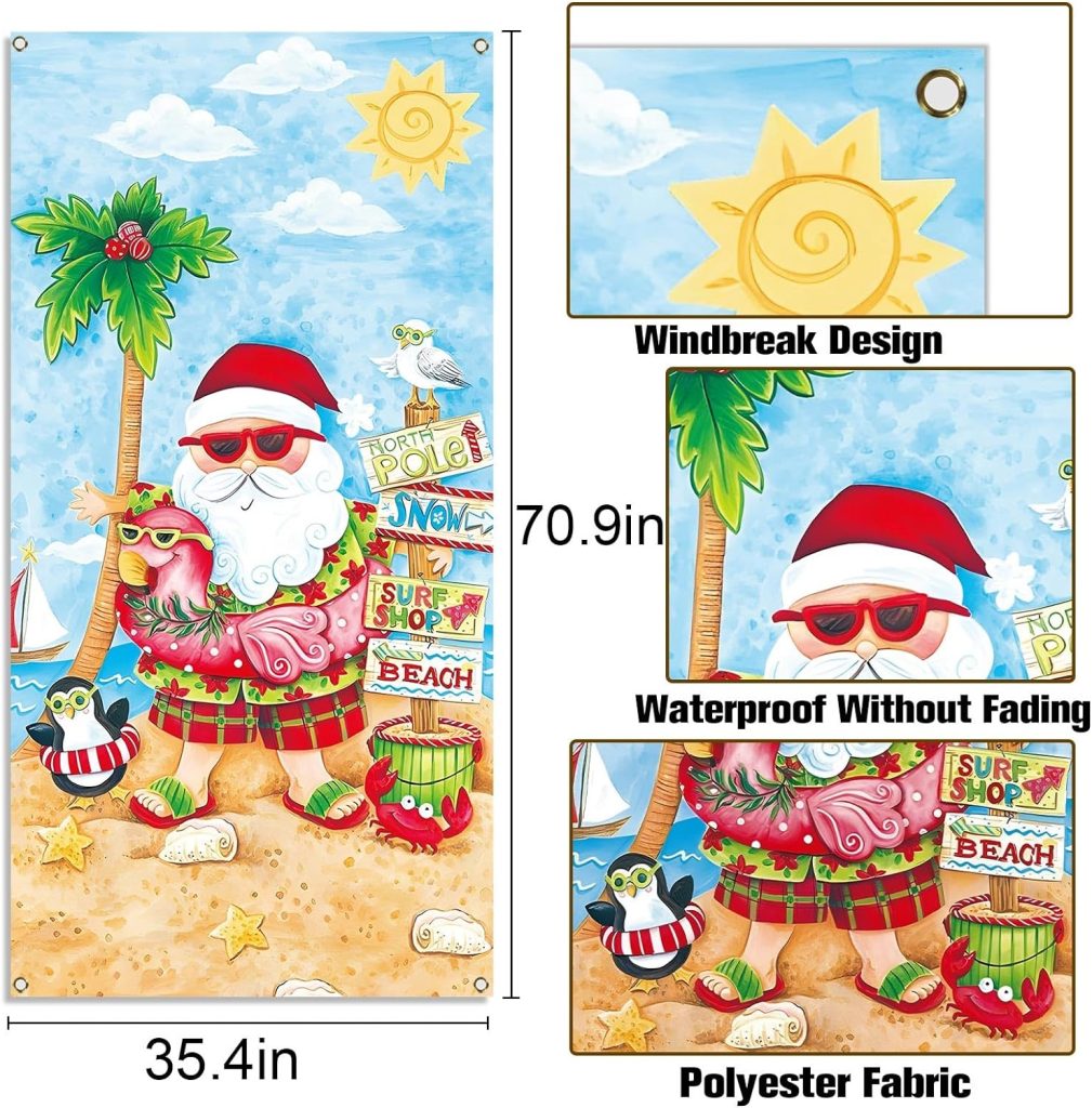 Sunwer Christmas in July Door Cover Tropical Summer Beach Hawaiian Themed Party Decoration Santa Palm Tree Front Porch Sign Backdrop Banner for Home Indoor Outdoor Decor