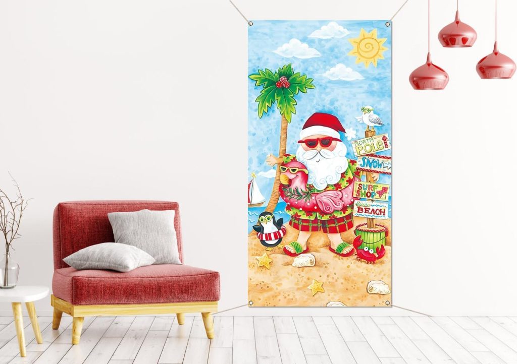 Sunwer Christmas in July Door Cover Tropical Summer Beach Hawaiian Themed Party Decoration Santa Palm Tree Front Porch Sign Backdrop Banner for Home Indoor Outdoor Decor