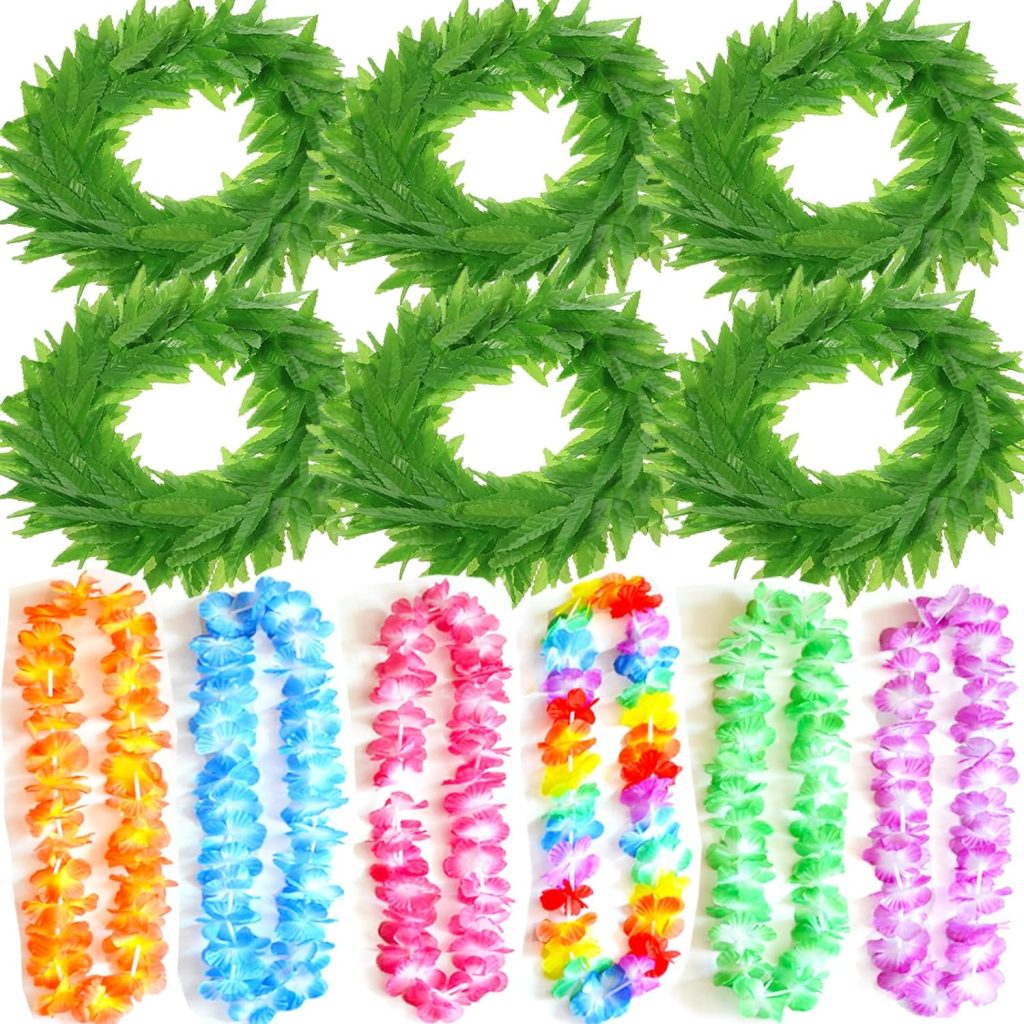 6pcs Tropical Fern Leaf Headband Hawaiian Leis Headband and 6pcs Large Garland Necklaces for Tropical Hawaii Beach Pool Hula Dance Luau Party Accessories Photo Booth Props Multicolor