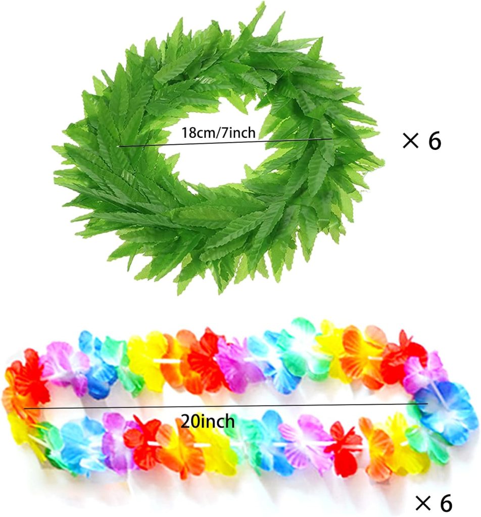 6pcs Tropical Fern Leaf Headband Hawaiian Leis Headband and 6pcs Large Garland Necklaces for Tropical Hawaii Beach Pool Hula Dance Luau Party Accessories Photo Booth Props Multicolor